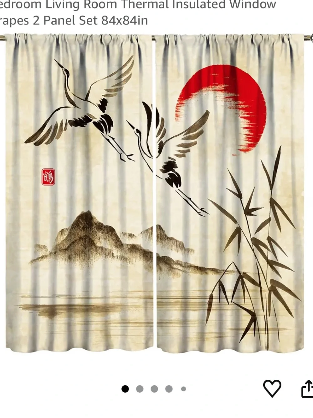 Japanese-Inspired Crane & Bamboo Blackout Curtain Panel Set - Red & Beige
